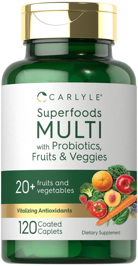 Supplément aux fruits et légumes Carlyle (Count) 120 Multivitamine superalimentée aux probiotiques (Fruits et légumes 20) Sans OGM et sans gluten