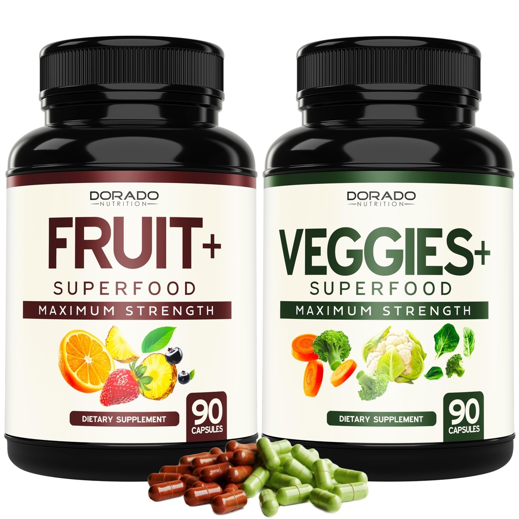 Supplément aux fruits et légumes (180 capsules) Suppléments aux fruits et légumes pour adultes - Super Food Premium pour l'énergie et le soutien immunitaire - Capsules de légumes - Non-OGM & Vegan - USA Made