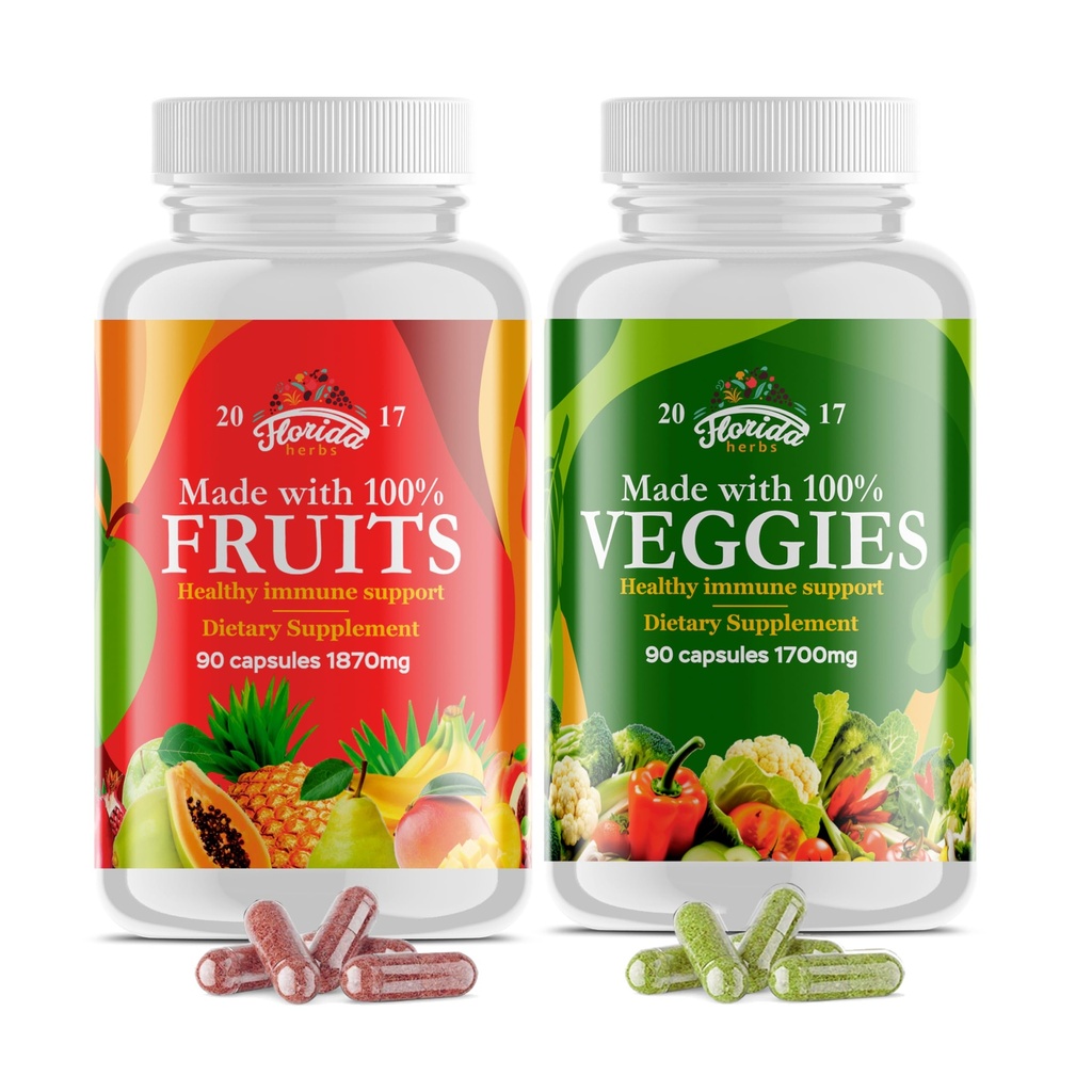Supplément Fruits et Légumes - 90 Capsules de fruits et 90 Capsules de légumes - Vitamines naturelles, équilibre des fruits et légumes soutient l'équilibre énergétique, sans soja, capsules de légumes - 90 Compte (paquet de 2)