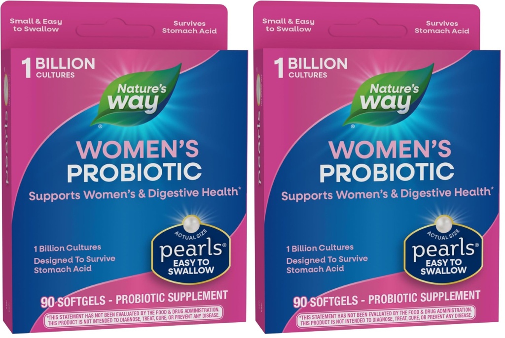 Nature's Way Perles probiotiques des femmes, soutient la santé des femmes et de la digestive*, protège contre la constipation occasionnelle et le blottis*, 1 milliard de cultures vivantes, 90 softgels, (paquet de 2)
