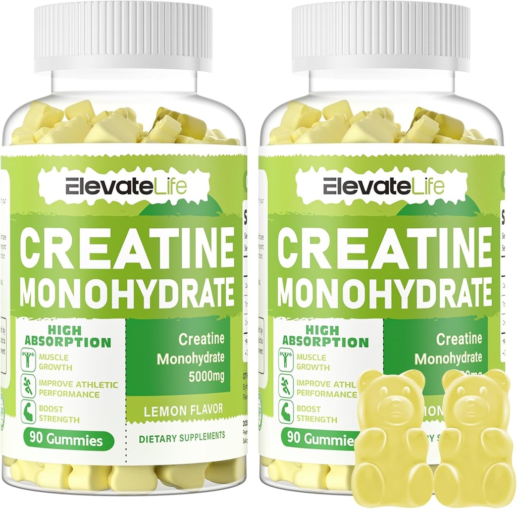 ElevateLife Createine Monohydraat Gummies 5g voor mannen Vrouwen - Sugar Free Chewable Supplement. 180 Gummies Lemon