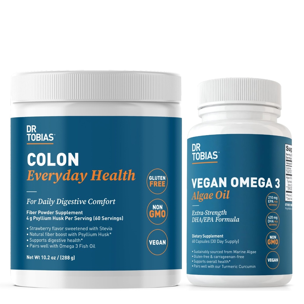 Dr Tobias Colon Everyday Health & Vegan Omega 3 Huile d'algues - Bien-être digestif et soutien sanitaire quotidien avec Psyllium Husk et DHA EPA Omega 3s, végétalien, non-OGM