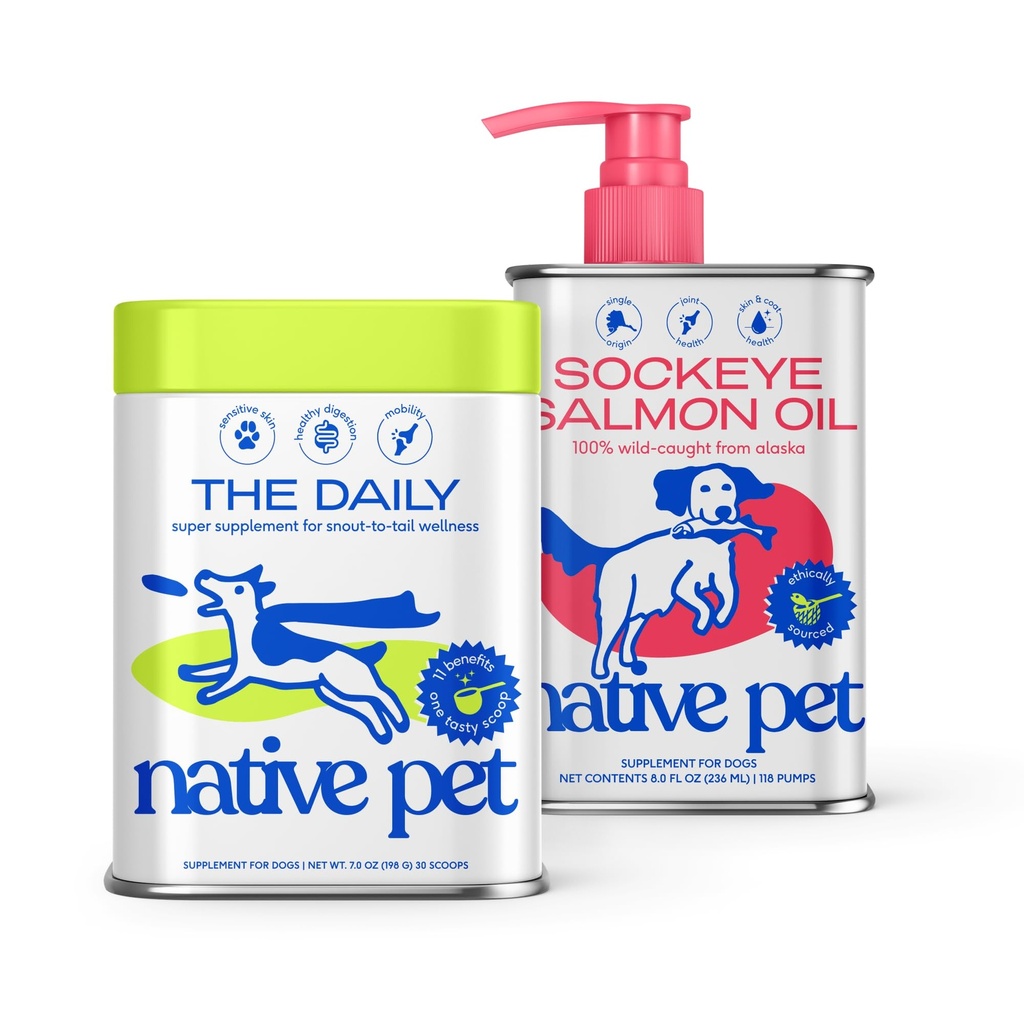 Native Pet The Daily Dog Supplement (30 Scoops) & Zalmolie voor honden en katten (8 Oz) - 11 in 1 Multivitamine & Pure Omega-3 Visolie Supplement voor huid en jas, gewrichts, hart gezondheid & anti-inflammatoire