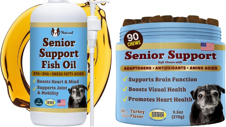 Natural Dog Company Senior Hondenbundel Omega 3 Visolie Vloeistof 16oz & Senior Wellness Kauwen 90ct 