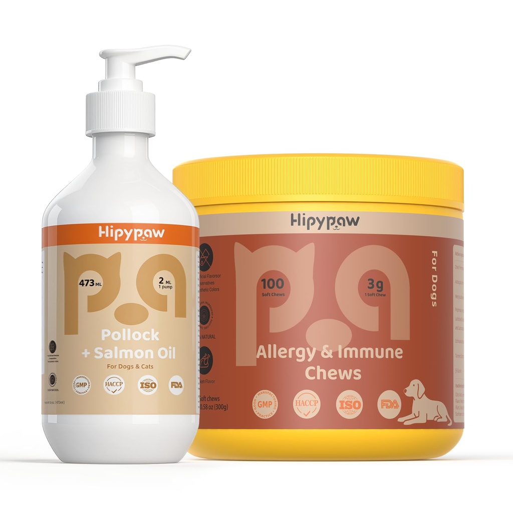 Hondenhuid & Allergie Ondersteuningsbundel: Visolie Omega 3 + Allergie Relief Kauwen voor Itchy Huid, Immuun & Digestieve Gezondheid