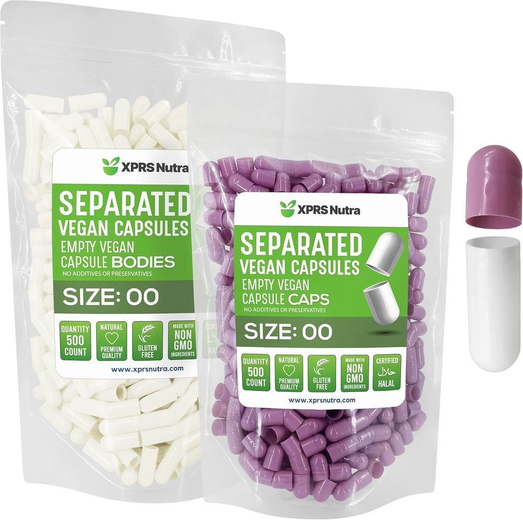 XPRS Nutra Vegan Taille 00 Capsules séparées - 500 Compte Capsules vides Premium Séparées dans des sacs - 00 Pills vides pour le remplissage de supplément de bricolage (Lavande/Blanc)