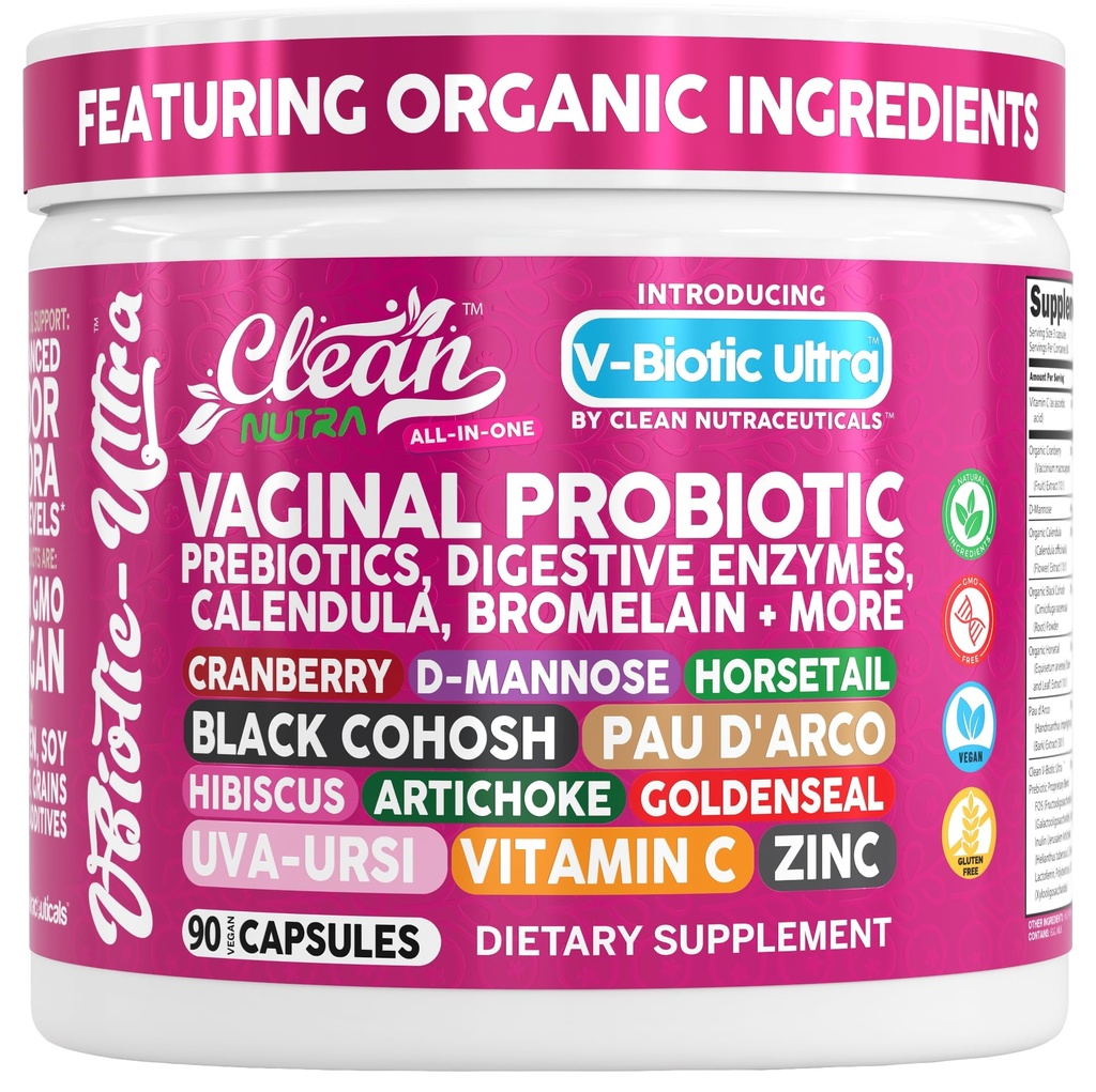 Clean Nutra Vaginale Probiotica voor vrouwen + Prebiotica Digestieve Enzymen Bromelain Cranberry D Mannose Horsetail Black Cohosh Artichoke Hibiscus Bloemen Probiotica voor spijsverteringsgezondheid 90 Vegan Capsules