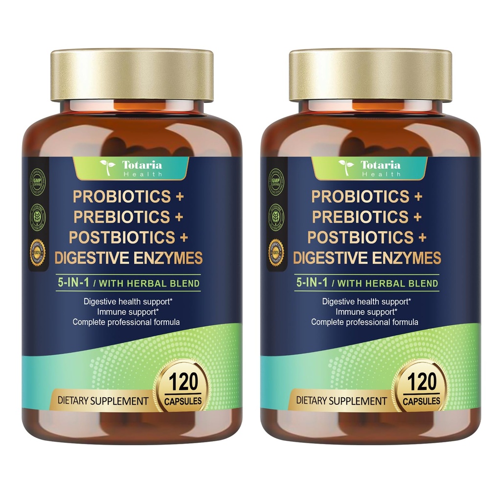 Totaria (2 packs) 5-en-1 Probiotique Prébiotique et postbiotique pour les femmes Hommes, 60 milliards CFU 24 souches avec/enzymes digestives, orme de slipperie, santé quotidienne complète Gut, soutien digestif et immunitaire
