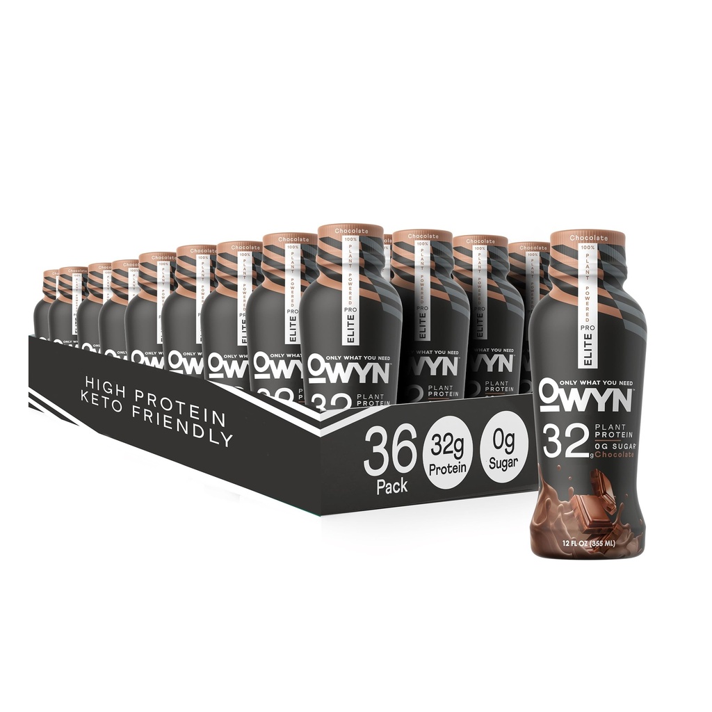 OWYN seulement ce dont vous avez besoin Pro Elite Vegan haute protéine Keto Shake, 32g Protéines, 9 acides aminés, Omega-3, Prébiotiques, Superaliments Verts pour l'entraînement et la récupération, 0g Net Carbs, Zéro sucre (chocolat, 12 Fl Oz (paquet de 36)