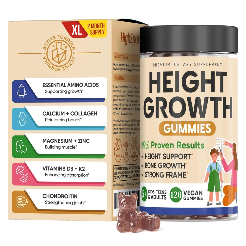 Augmentation de la croissance de la hauteur Gommies de vitamine, Calcium 100mg, Magnésium Glycinate 30mg, Zinc, Ashwagandha, Vitamine K2 D3 25mg Grandir Supplément Maximisant Tall, Multivitamine pour les enfants, Adolescents Garçon et fille, Adultes