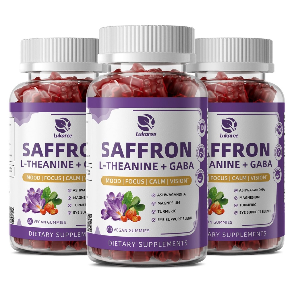 10-in-1 Saffron Gummies Supplements with L-Theanine 200mg, GABA, Ashwagandha, Turmeric, Lutein, Zeaxanthin & Astaxanthin for Mood, Focus & Eye Support Sugar Free, Vegan, Berry Flavor, 3 Pack