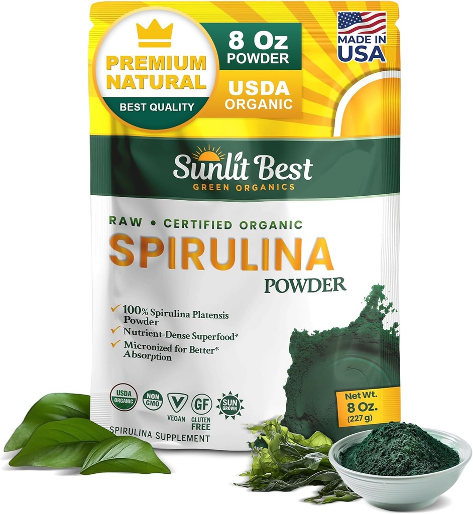 Sunlit Best Spirulina Powder Organic USDA - Chlorofyl, Fast Absorptie, Blue-Green Spirulina Algen, Raw Vegan Protein - Non-GMO, Glutenvrij Superfood Energy, Gut, Immune Support Supplement - 8 Oz