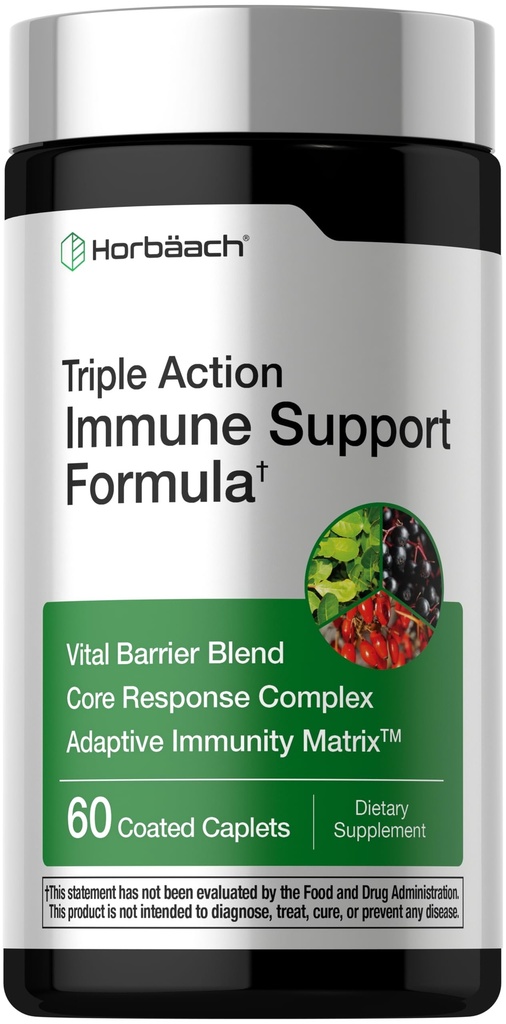 Horbäach Immuun Support Supplement 60 caplets met vitamine C, zink en vlierbessen Triple Action Adaptive Immunity Matrix Vegan, non-GMO, glutenvrij