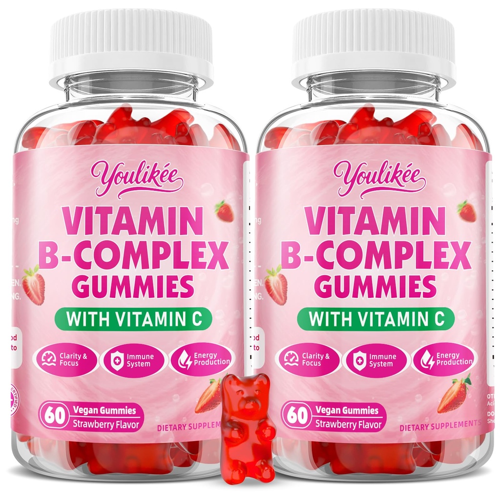 2 Pack Vitamine B-Complex Gummies for Women & Men, Methyl B12, B1, B2, B3, B5, B6, B7 & B9 - Vitamine B Complex with Vitamin C supports Energy & Immune Function, Strawberry Flavor, 120 Count