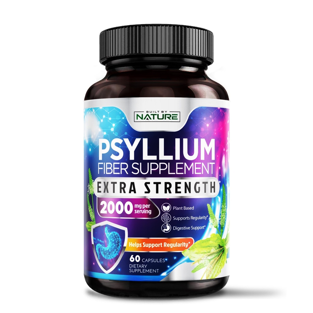 Psyllium Husk Capsules 2000mg - Fiber Supplement - Natural Soluble Fiber Pillen met Psyllium Husk Powder - Ondersteunt spijsvertering Gut en Colon Health - Non-GMO, Gluten-Free, Vegan - 60 Capsules