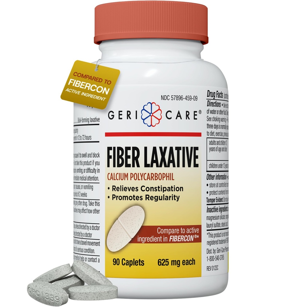 GeriCare Fibre Laxative - 625mg Supplément de fibre de polycarbophile de calcium pour les femmes et les hommes - Soulagement efficace de l'OTC doux pour la constipation et les hémorroïdes - Capsules de fibre insoluble (90 Nombre)