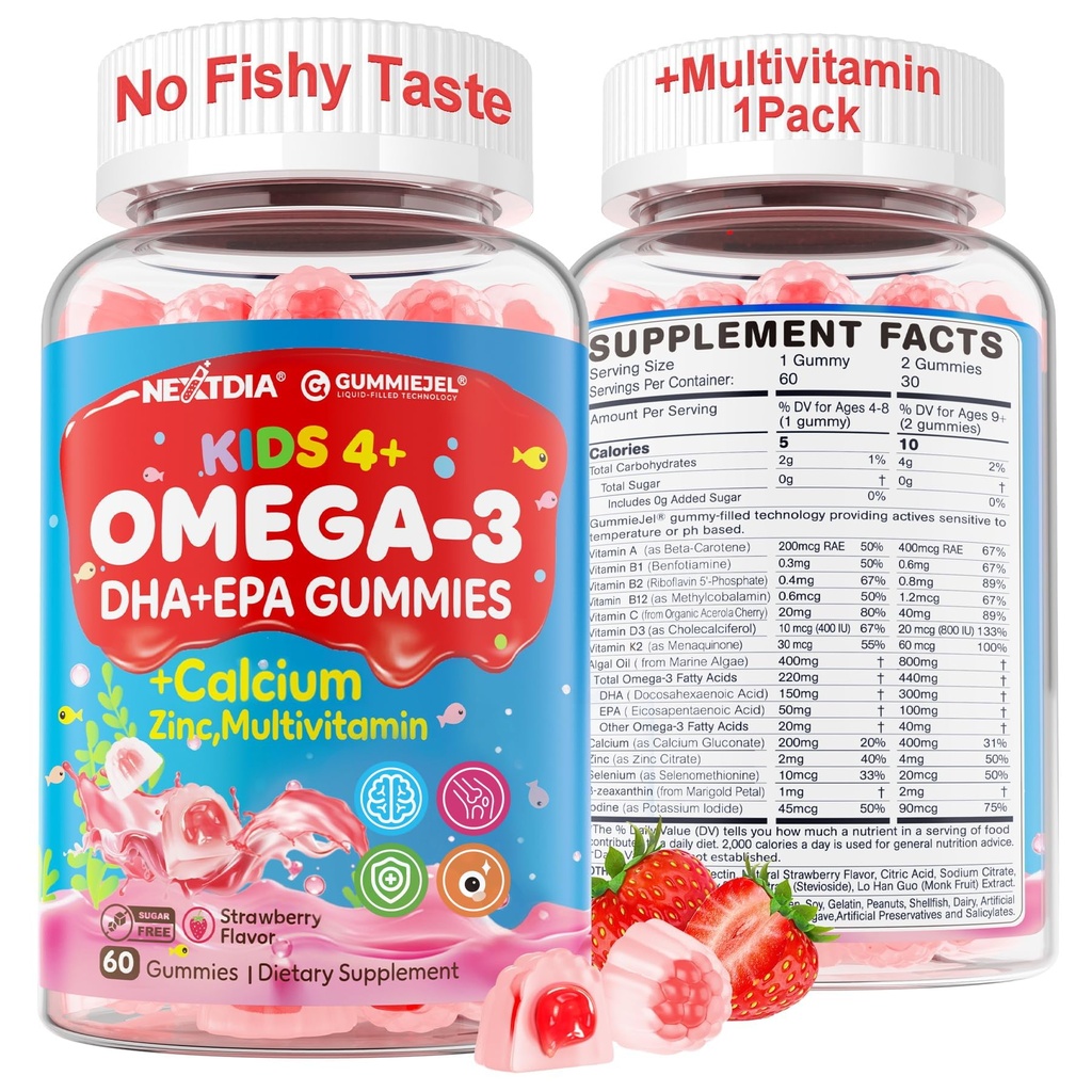 Nextdia Omega 3 (EPA/DHA) Gummies remplies pour les enfants Adolescents avec multivitamine, calcium + D3 + K2 + zinc, plus vitamine A B1 B2 B12 C, sélénium, iode pour cerveau, yeux, os, énergie, sans goût de poisson, sans sucre