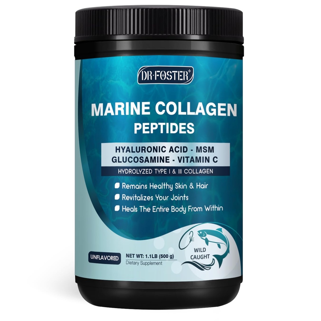 Poudre de peptides de collagène marin DRFOSTER avec MSM + GC, collagène multitype I et III avec acide hyaluronique, vitamine C et E pour peau, cheveux et ongles, poissons sauvages, 50 portions