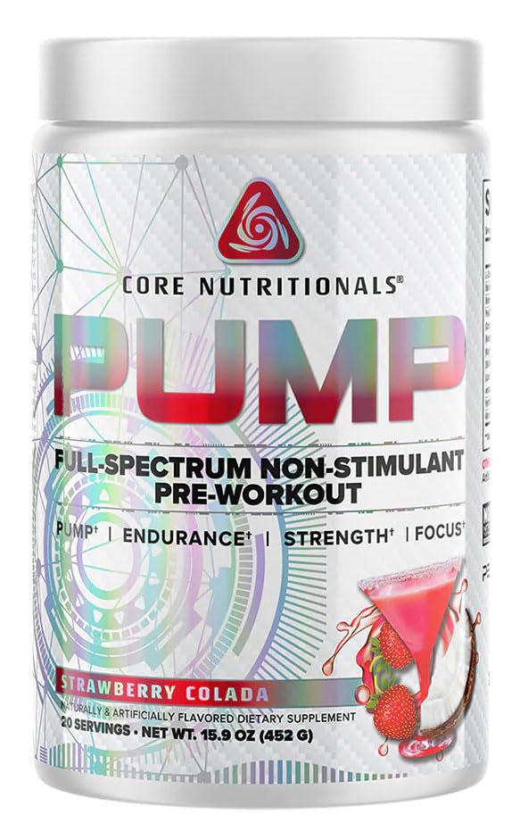 Core Nutritionals Pump Full-Spectrum Non-Stimulant Pre-Workout, met N03T Nitraat, Peak02, Alpha GPC, voor maximale pomp, sterkte en prestaties 20 porties (Strawberry Colada)
