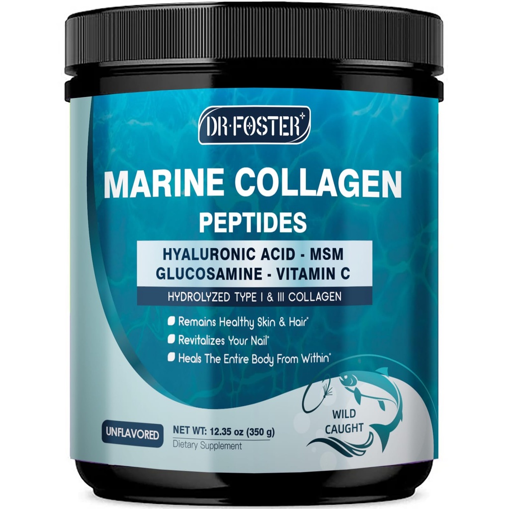 DRFOSTER Marine Collagen Peptides Powder for Joint Support, Hydrolyzed Type I & III Fish Collageen with MSM + GC, Hyaluronic Acid & Vitamin C for Skin, Hair & Nails, Wild-Caught Fish, 35 Servings