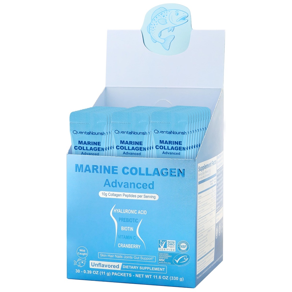 Marine Collagen Peptides, Wild-Caught Non-GMO Verified Hydrolyzed Collagen Peptides with Vitamin C, Hyaluronic Acid, and Biotin, MSC-Certified Unflavored Travel Packs, 11g , 30 Individual Packets