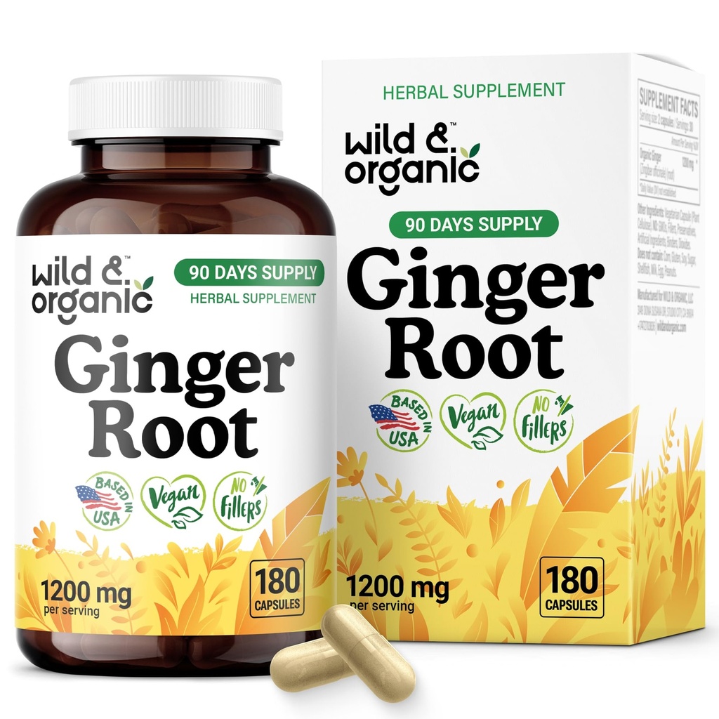 Capsules de racine de gingembre sauvage et biologique 1200 mg - Soutien immunitaire et digestif - Supplément de racine de gingembre - Poudre officinale Zingiber - 90 jours d'approvisionnement - Vegan, Pas de remplissage, Non-OGM - 180 Nombre