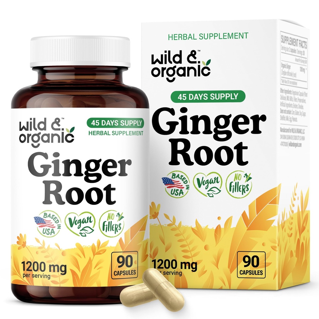 Wild & Organic Ginger Root Capsules 1200 mg - Immune & Digestieve Ondersteuning - Natuurlijke Gembersupplementen - Zingiber Officinale Powder - 45 Days of Supply - Vegan, No Fillers, Non-GMO - 90 Tel.