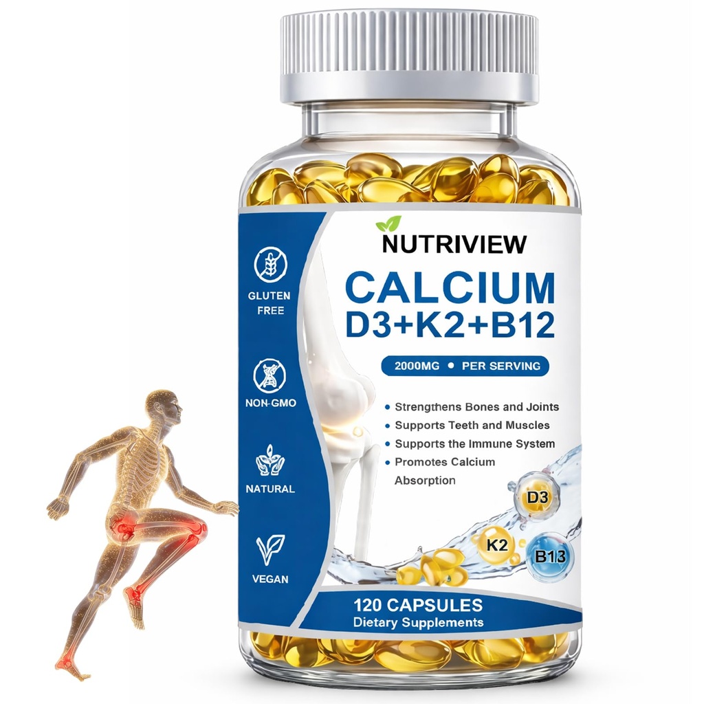 Nutriview 2000mg D3 K2 B12 Softgels Calcium, Suplemento de Calcio, Renforcer les os et les dents, Boost Energy, Non-OGM, 120 Softgels