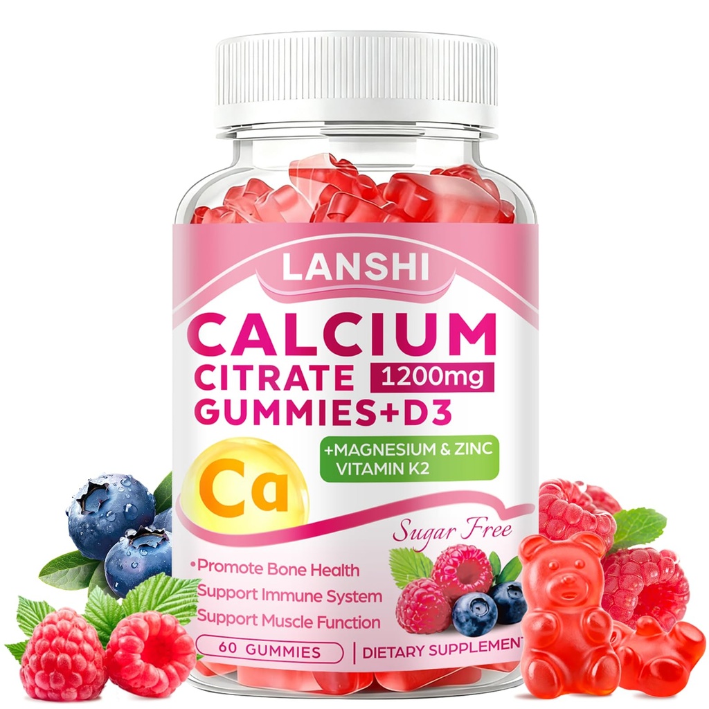 Calcium citraat Gummies 1200mg met vitamine D3 & K2 supplementen voor vrouwen en mannen, hoge absorptie Calcium Gummies Plus Magnesium, zink voor sterke botten & Immuun ondersteuning gemengde Berry smaak