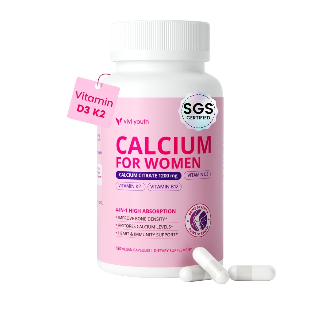 Calciumsupplementen voor vrouwen - 4-In-1 Calciumcitraat 1200 mg met vitamine D3 K2, B12 - Hoge Absorptie Calciumcitraat & Carbonaat voor botdichtheid & sterkte, non-GMO, 120 Vegan Capsules