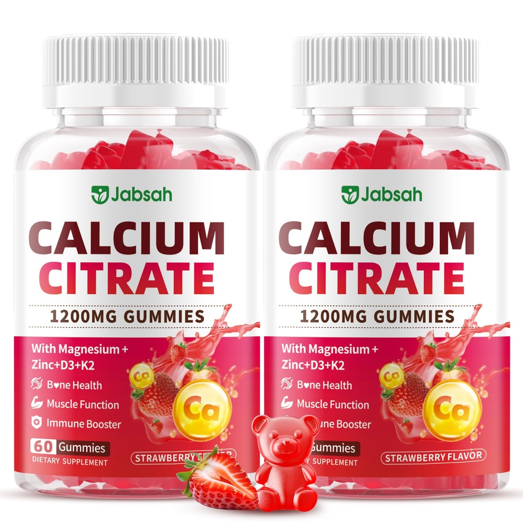 Calcium citraat Gummies 1200mg, Hoge Absorptie Calcium Supplementen met Vitamine D3, K2, Magnesium, Zink voor Bot, Spier & Immuun Ondersteuning, Calcium Gummies voor Vrouwen & Mannen, Aardbei smaak 120 Tel.