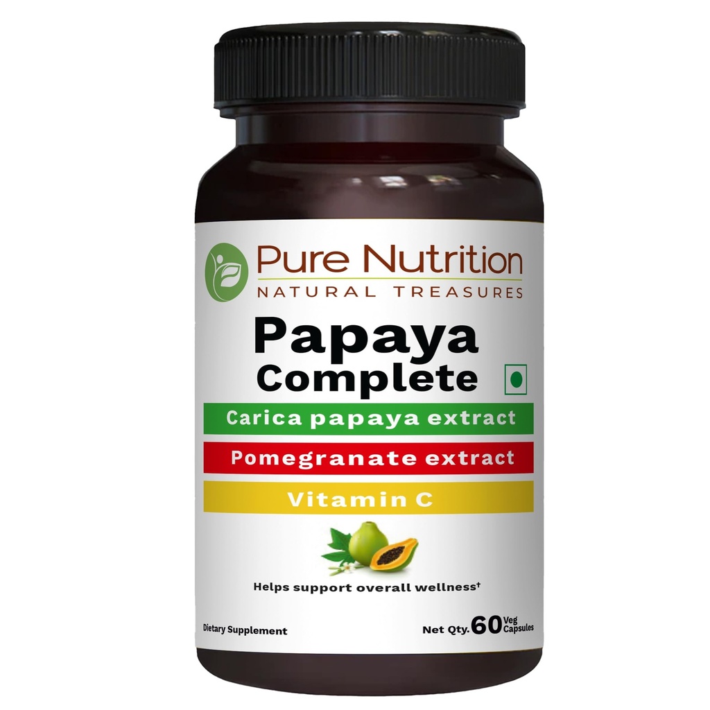 Pure Nutrition Papaya Complete - 60 Veg Capsules (Ondersteunt bloedplaatjes Immuniteit & spijsvertering) Elke capsule bevat 500 mg Carica Papaya Fruit en Bladextract. Glutenvrij