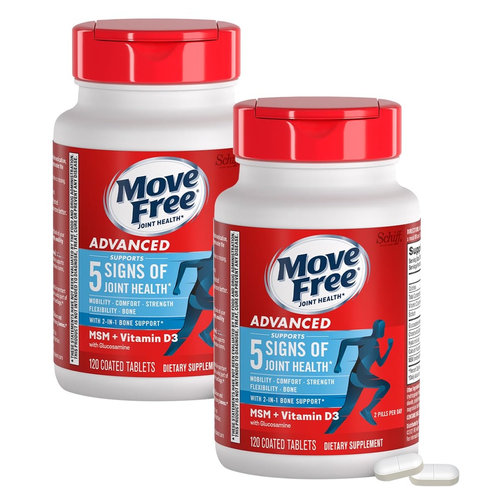 Verplaatsen Gratis Advanced Glucosamine Chondroitin MSM + Vitamine D3 Gezamenlijke Ondersteuning Supplement, Ondersteunt Mobiliteit, Comfort, Kracht, Flexibiliteit & Bone + Immune Health, 120 Tablets/40 Servers (2 Pack)