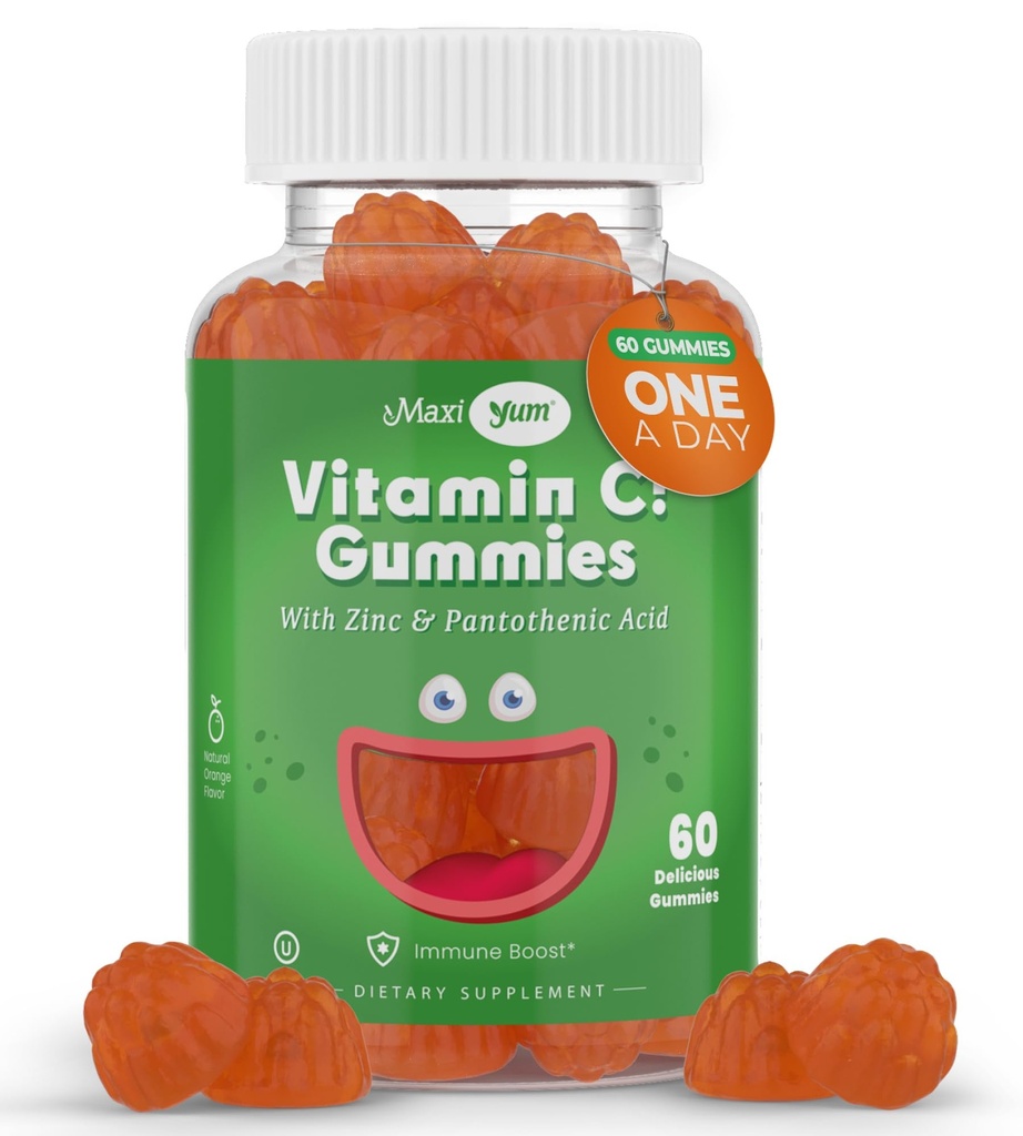 Maxi-Health Vitamine C Gummies met zink - Maxi-Health Vitamine C met zink voor kinderen en volwassenen - Ademhalingsondersteuning en Immuun Booster - Geen conserveringsmiddelen en kunstmatige smaken - 60 Fruit Shaped Gummies