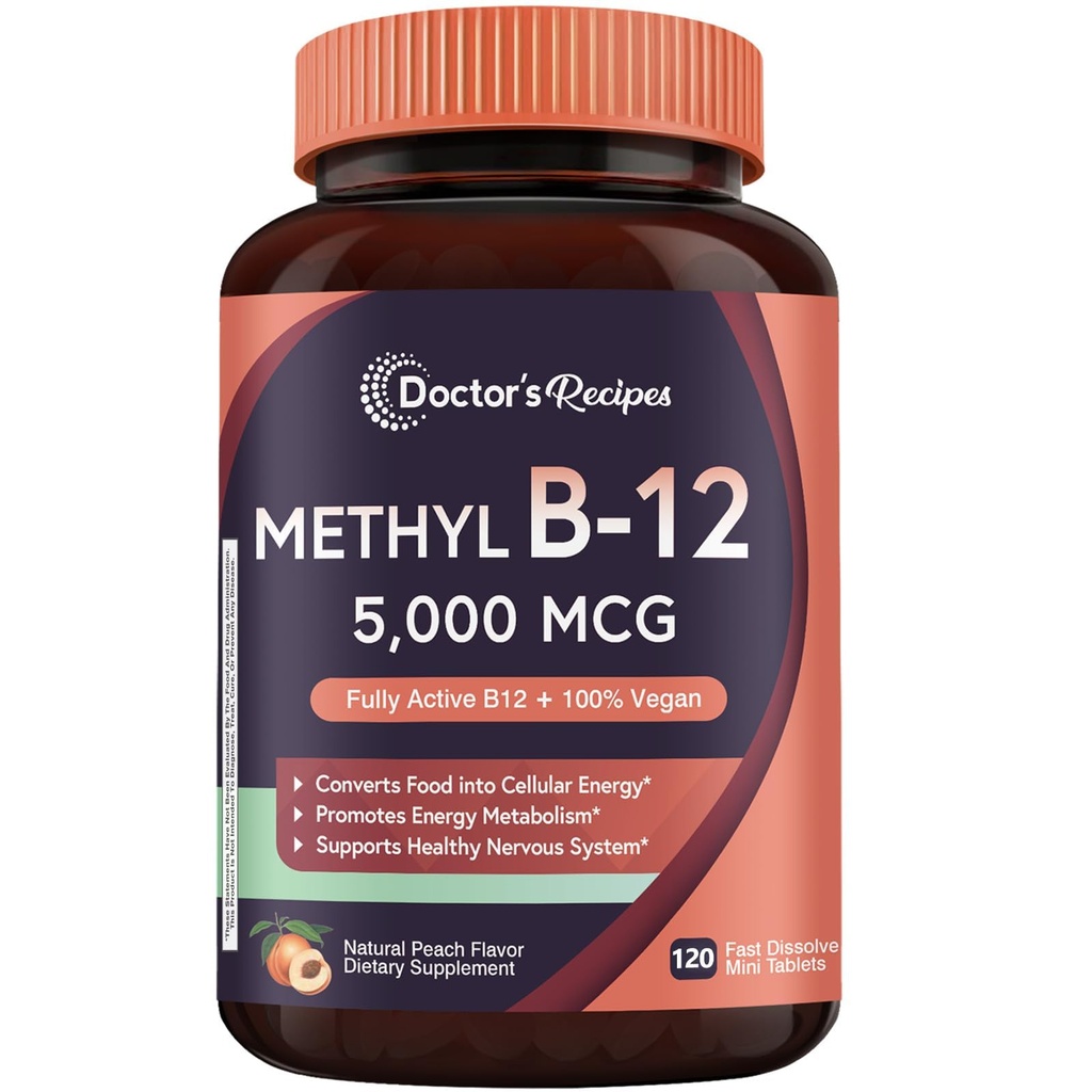 Recettes du médecin Vitamine B12 Sublingual, méthylcobalamine 5000 mcg 120 Comprimés dissolvants rapides, Saveur de pêche naturelle, Méthyle végétalien, Métabolisme énergétique et système nerveux