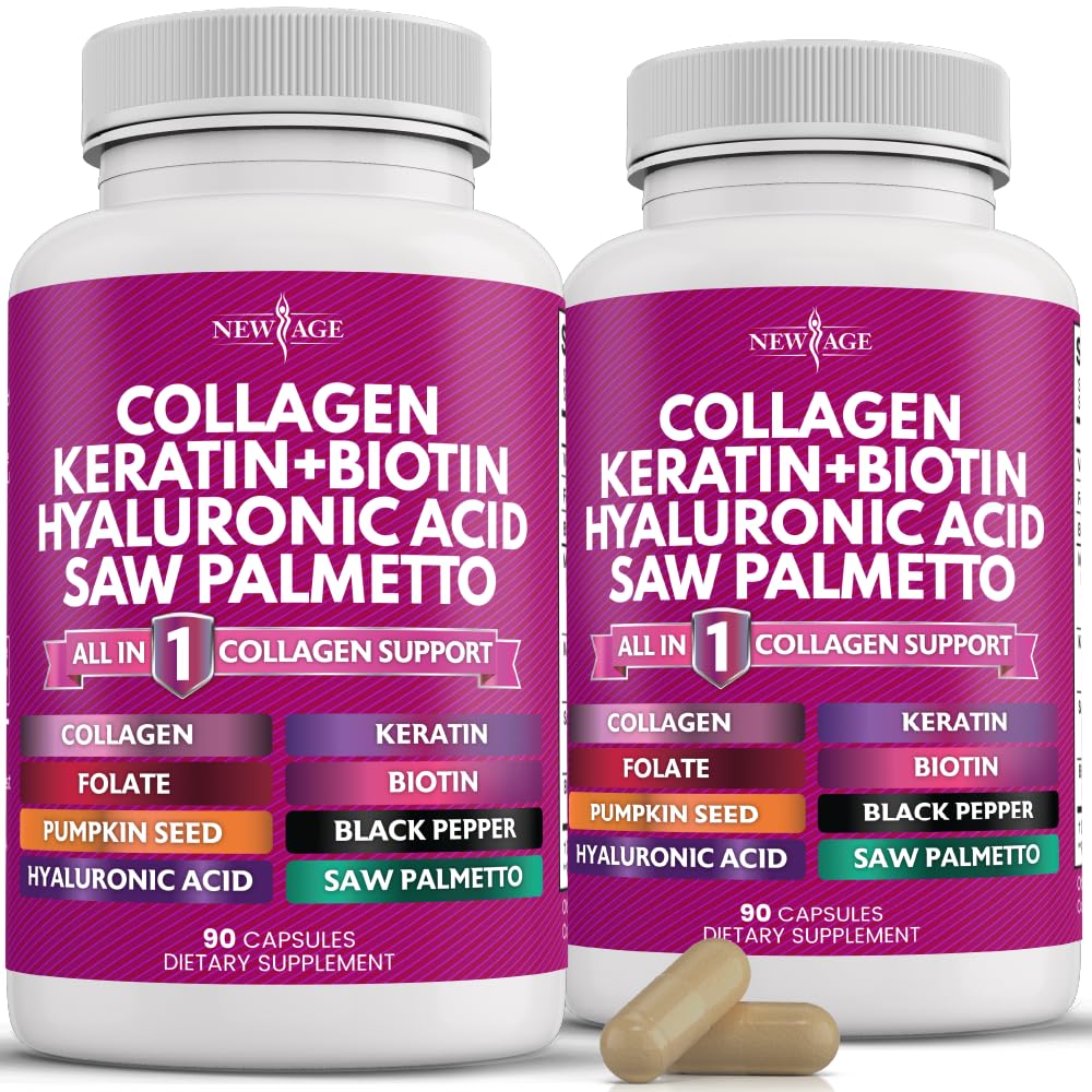 NOUVELLE AGE Pilules de collagène Biotine Sciure de kératine Palmetto Acide hyaluronique - Vitamine E Acide folique Semence de citrouille MSM - 90 Compte (paquet de 2)