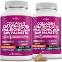 NIEUWE AGE Collageen Pillen Biotin Keratine Zag Palmetto Hyaluronzuur - Vitamine E Foliumzuur Pompoenzaad MSM - 90 Tellen (Pack of 2)