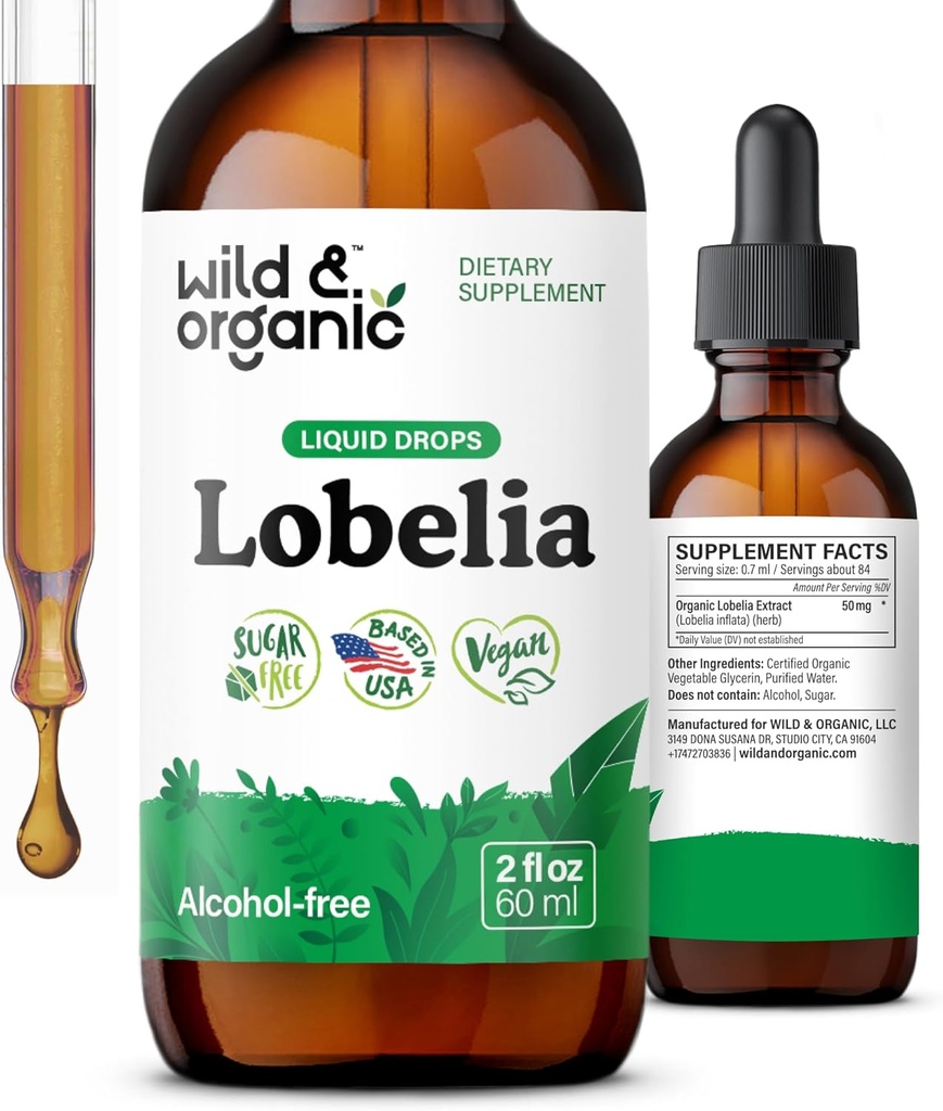 Wild & Organic Lobelia Tinctuur - Herbal Lung Cleanse and Detox - Liquid Lobelia Extract Supplement - Vegan, Sugar & Alcohol-Free Herb Drops - 2 fl oz