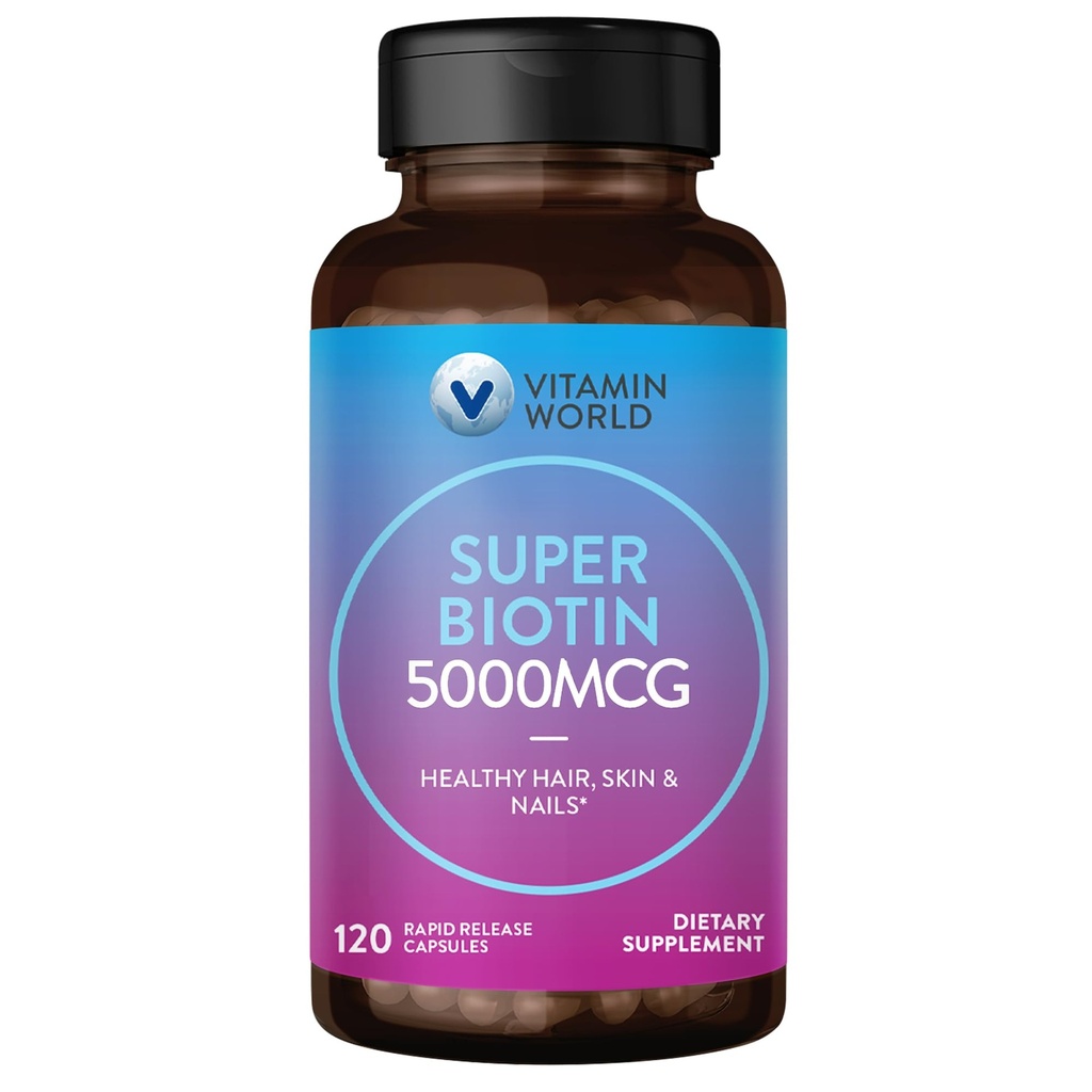 Vitamine World Super Biotin 5000 mcg. 120 Capsules, B Vitamine, Cheveux, Peau et Nails, Rapid-Release, Sans gluten