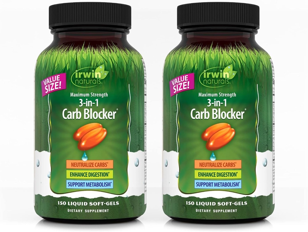 Irwin Naturals Résistance maximale 3-en-1 Blocker de glucides - Neutraliser les glucides, aide à la digestion et au métabolisme Booster - Extrait de haricot blanc + Chrome + Enzyme Blend - 150 Soft-Gels - 2 Pack