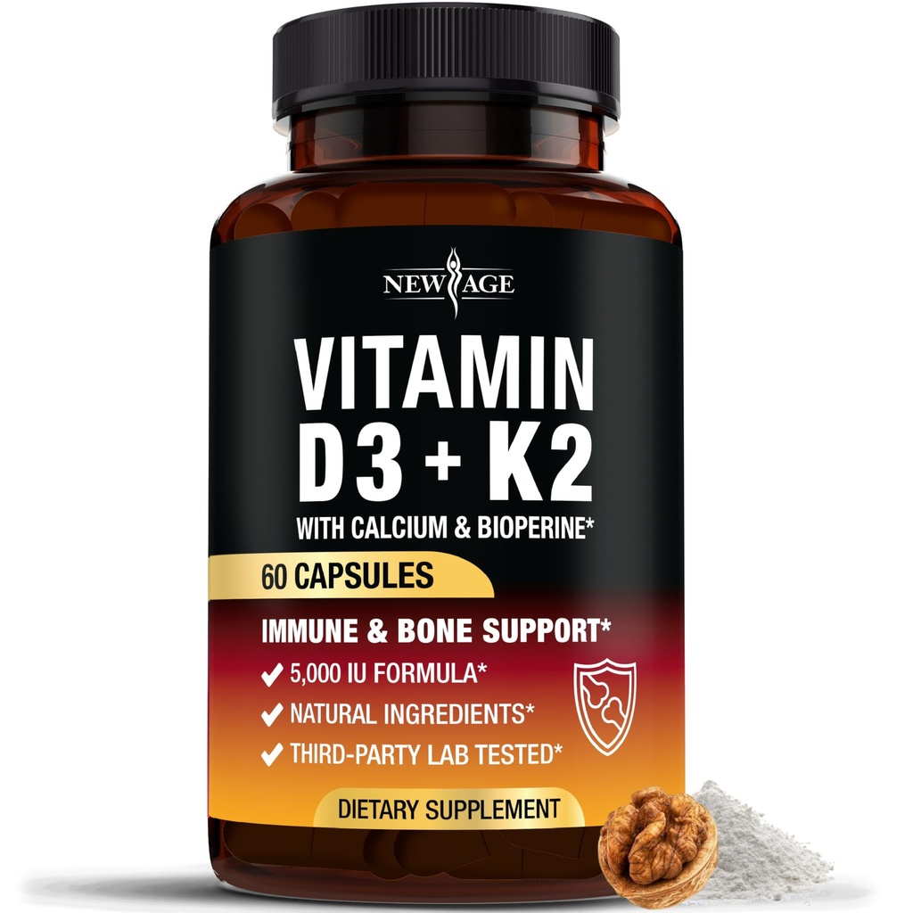 NIEUWE AGE Vitamine D3 5.000 IE + K2 MK-7 100 mcg - 2-in-1 bot, immuun- en hartondersteuning, gemakkelijk doorslikken, niet-GMO - 60 capsules