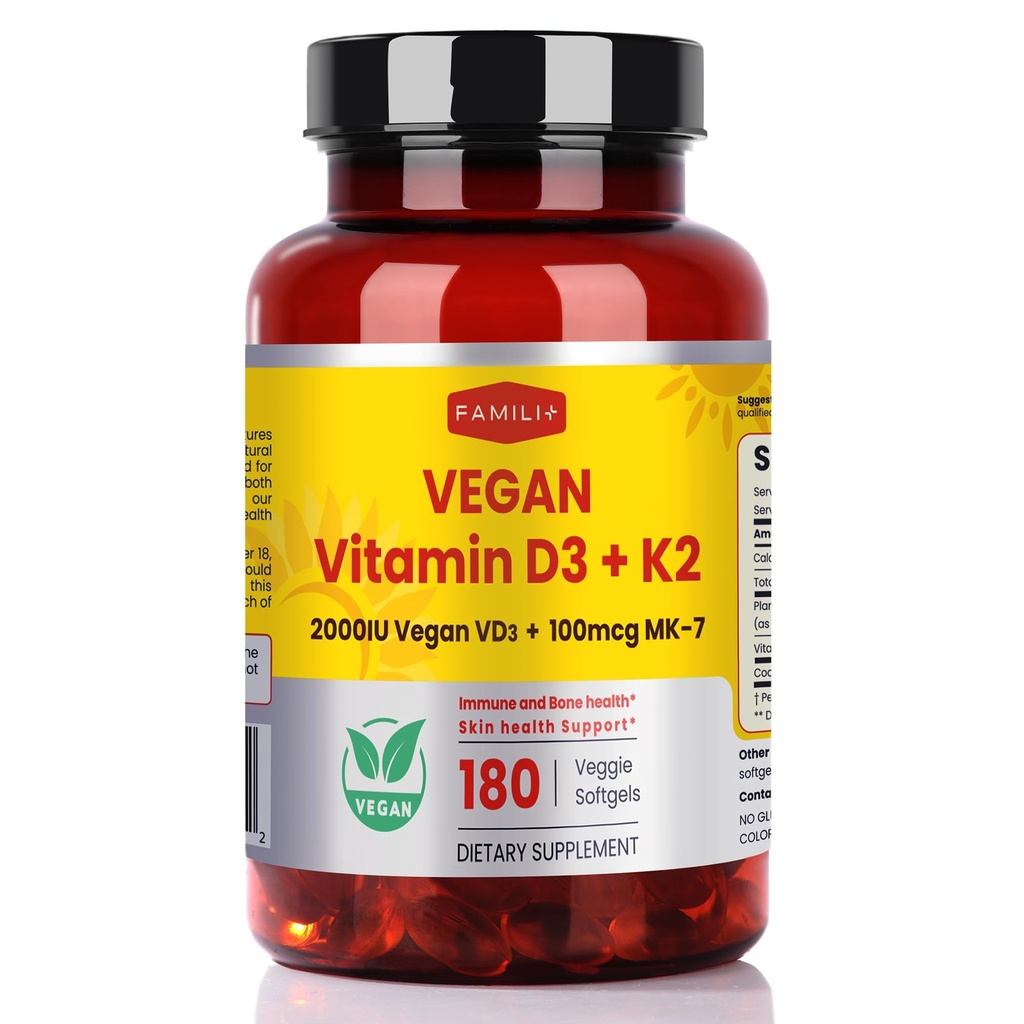 FAMILI+ 180 jours Vitamine végétalienne D3+K2 Softgel à l'huile de noix de coco MCT de 2000IU Source végétale Vitamine D3 + 100 mcg Vitamine K2 MK-7.