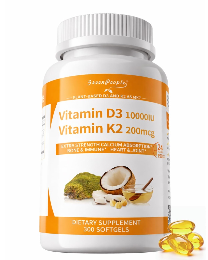 GREENPEOPLE K2 D3 Vitamin Supplement, vitamine D-3 & K-2 MK-7, 10.000 IE/200 mcg, met Virgin Non-GMO Kokosnoot MCT Oil 