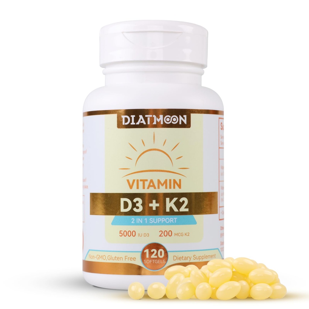 Vitamine D3 K2 Supplement Softgels, Vitamine D3 5000 IE & Vitamine K2 MK7 200 mcg, Bone & Teeth Support, Eenvoudig doorslikken - 120 Tellingen