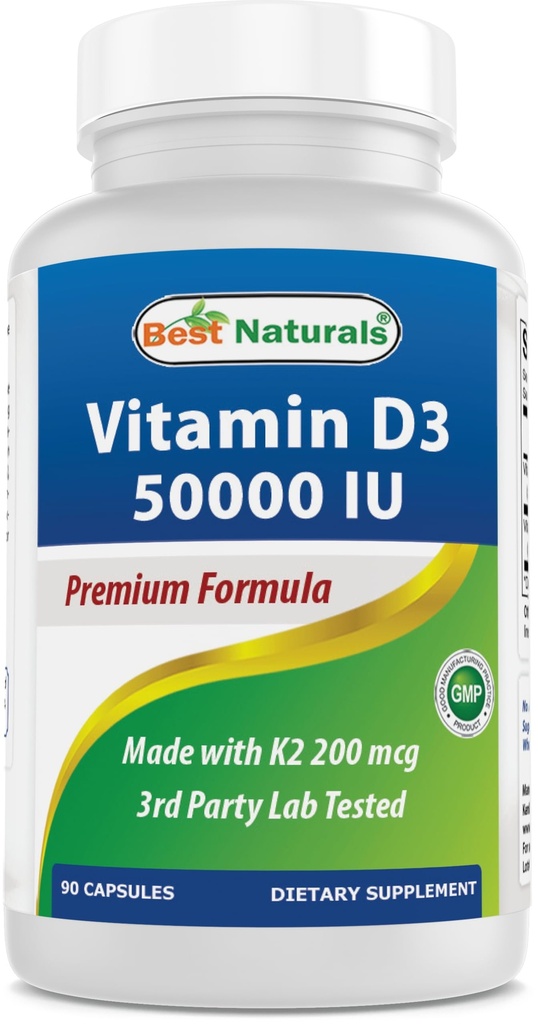 Best Naturals Vitamine D3 50 000 UI avec MK-7 K2 200 mcg – 90 capsules de légumes – haute puissance – non-OGM, sans gluten