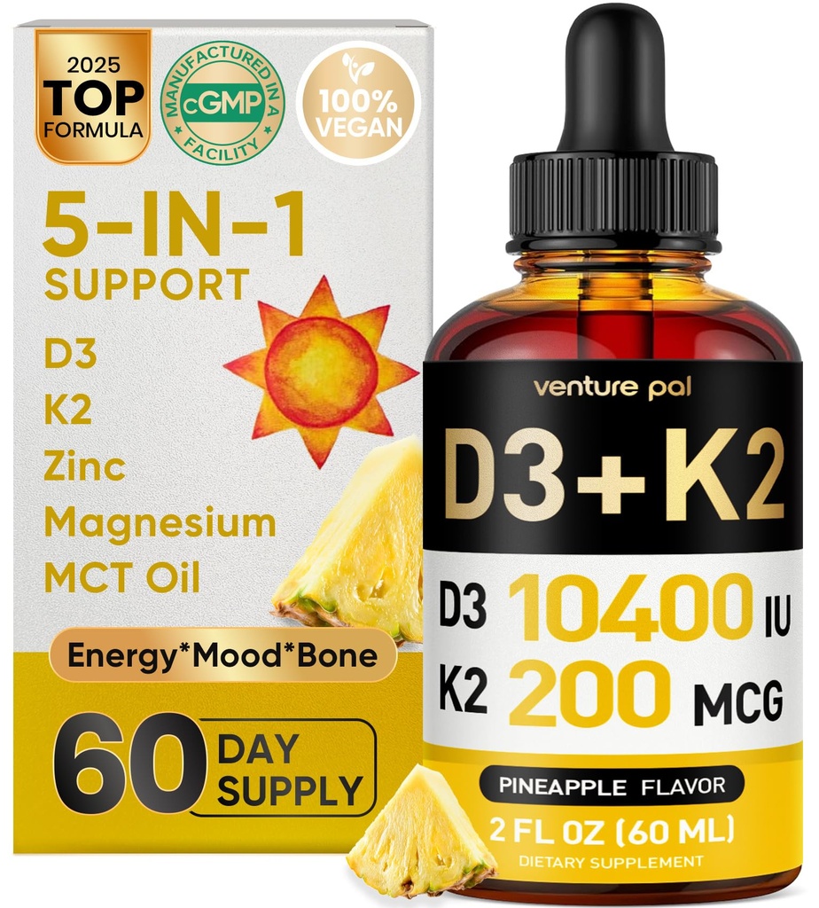Venture Pal 5-in-1 Vitamine D3 10000 IE & K2 als MK-7 200 mcg met Magnesium, MCT-olie, zink, suikervrije vitamine D vloeibaar en gespeende absorptie voor bot, Mood & Immune Health - 2 FL OZ, 66 dagen
