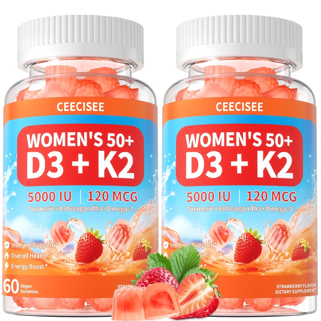 Vitamine D3 K2 Gummies Supplement for Women 50+: Biologische vitamine D3 5000 IE + K2 (MK-7) 120 mcg met 500mg Omega-3, 400mg Calcium, CoQ10 voor Immune Health - Extra sterkte voor volwassenen(120Count)