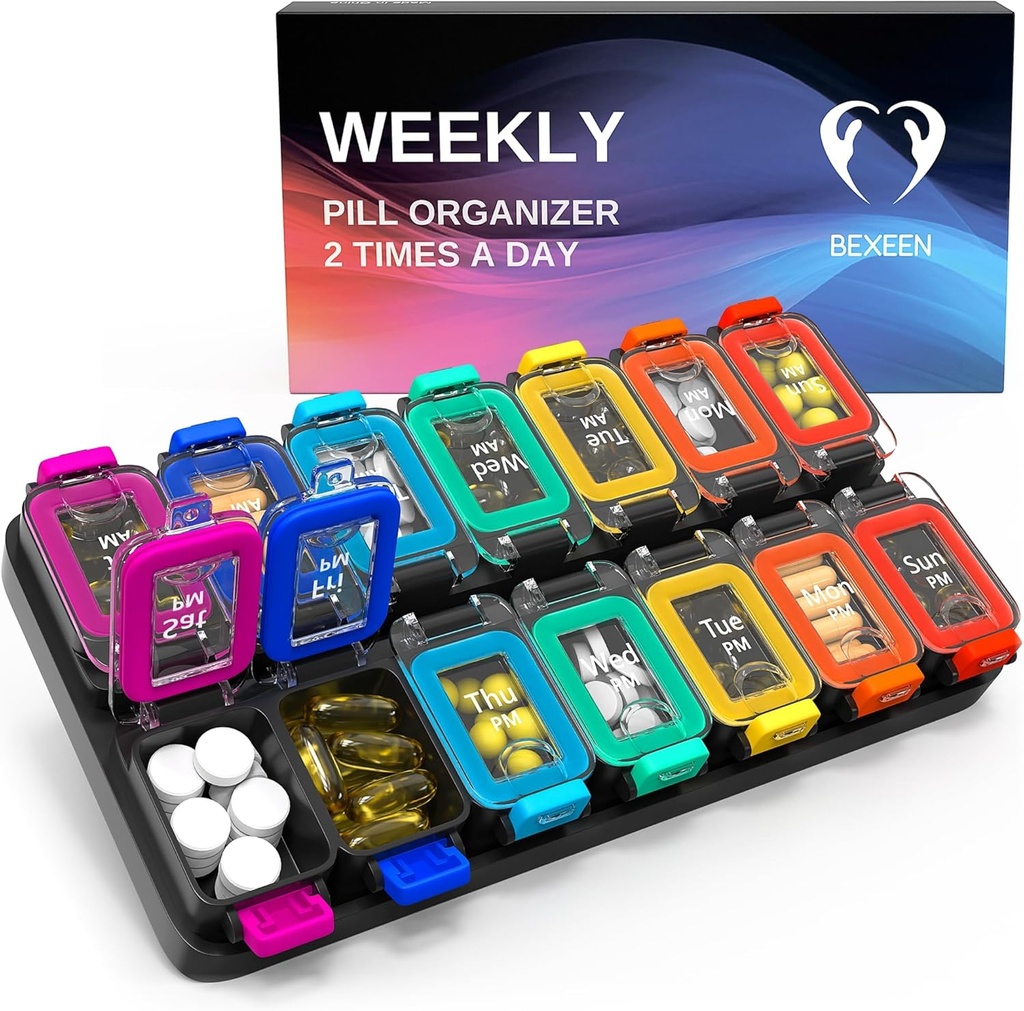 Extra Large Weekly pil Organizer 2 keer per dag - luchtdichte pil doos 7 Dag - Am Pm Vitamine Case - Medicine Container Twee weken supplement houder dagelijkse medicatie opslag XL Tweemaal Med Sorter schattig