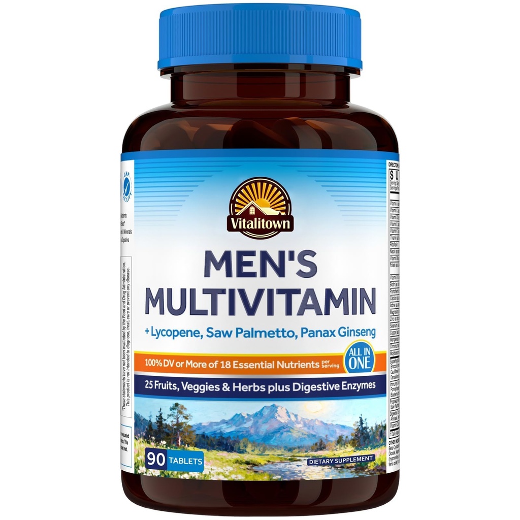Vitalitown Multivitamine voor mannen, met Lycopeen, Saw Palmetto, Magnesium, Zink, Selenium, Vitamine A C D E K B, Fruiten, Veggies & Enzymen voor volledige ondersteuning van de gezondheid van mannen, Non-GMO, 90 tabletten
