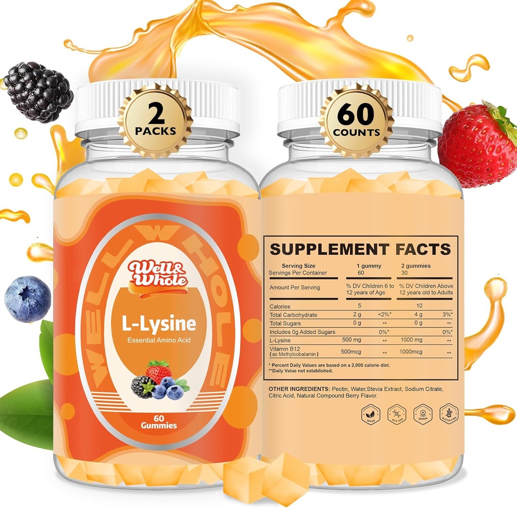 L-Lysine Gummies 1000mg - L-Lysine Supplementen voor kinderen en volwassenen - Lip en Cold Sore* Ondersteuning voor vrouwen - Kauwbare Lysine Gummies met vitamine B12 - Veganistisch, Niet GGO, Glutenvrij, 120 Telt